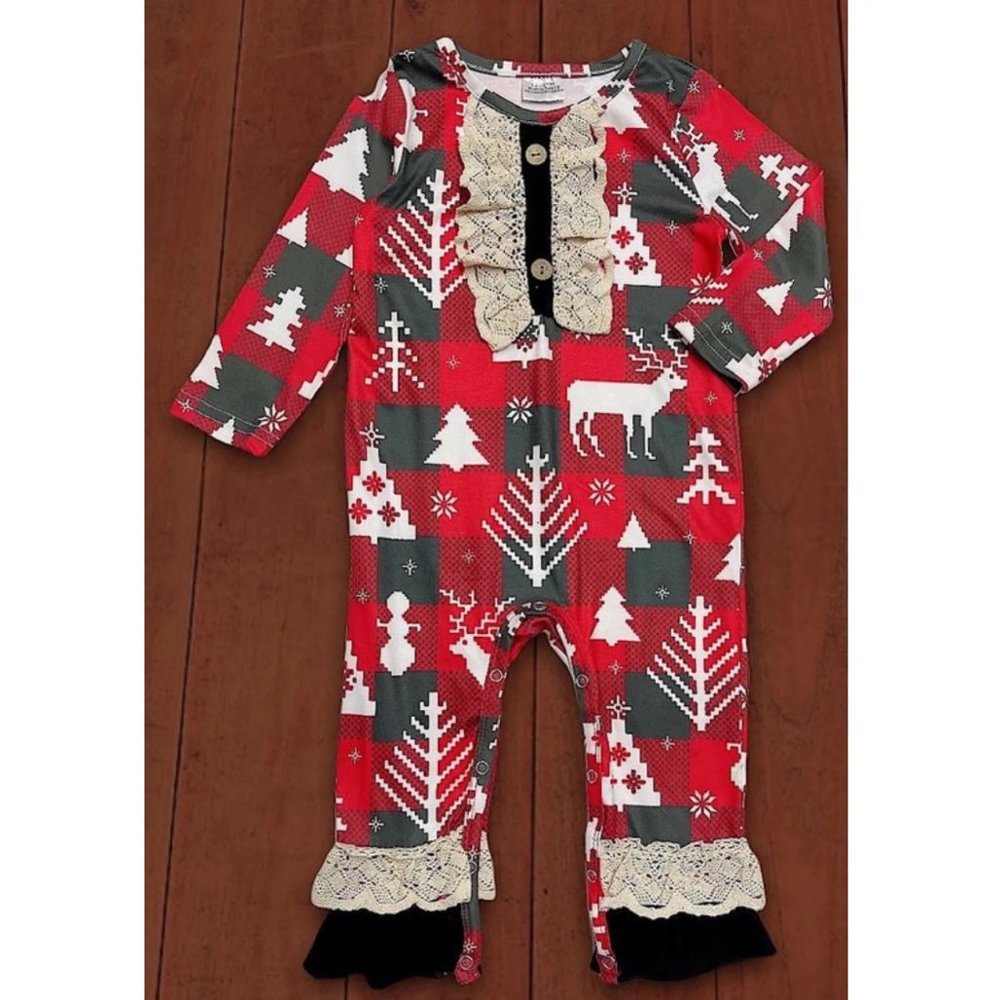Baby Red & Green Winter Tree & Deer Theme Crochet Ruffle Romper 6-12M